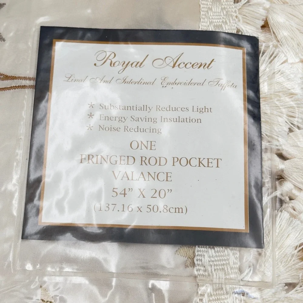 Royal Accent Beige‎ Embroidered Taffeta Fringed Rod Pocket Valance 54x20 Lined